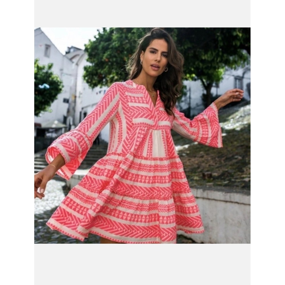 Devotion Anthro Twins Embroidered Ella Tunic Dress Pink White Boho Chic sz M
